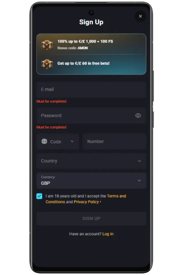 Create and verify your account Amonbet